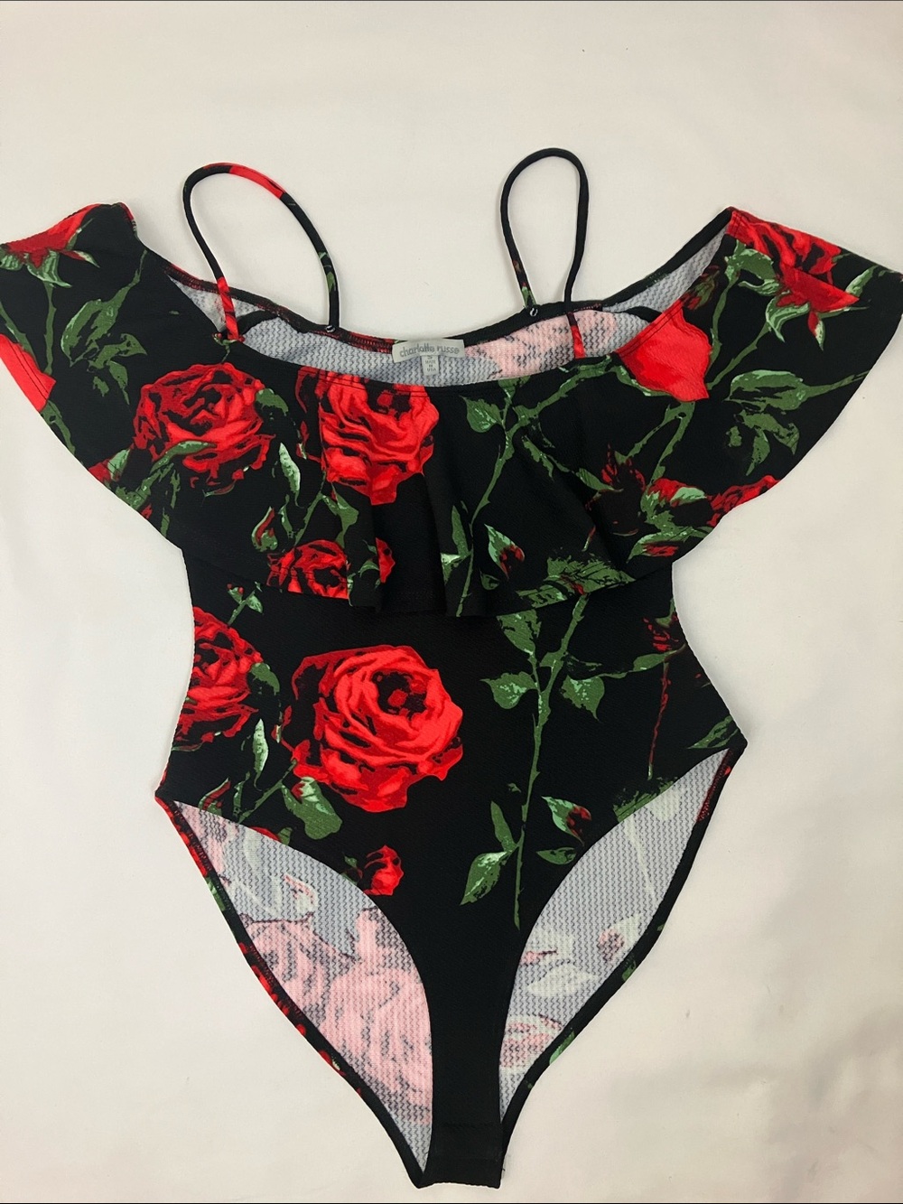 Charlotte Russe Black with Red Rose Print Bodysuit Women’s Size Small